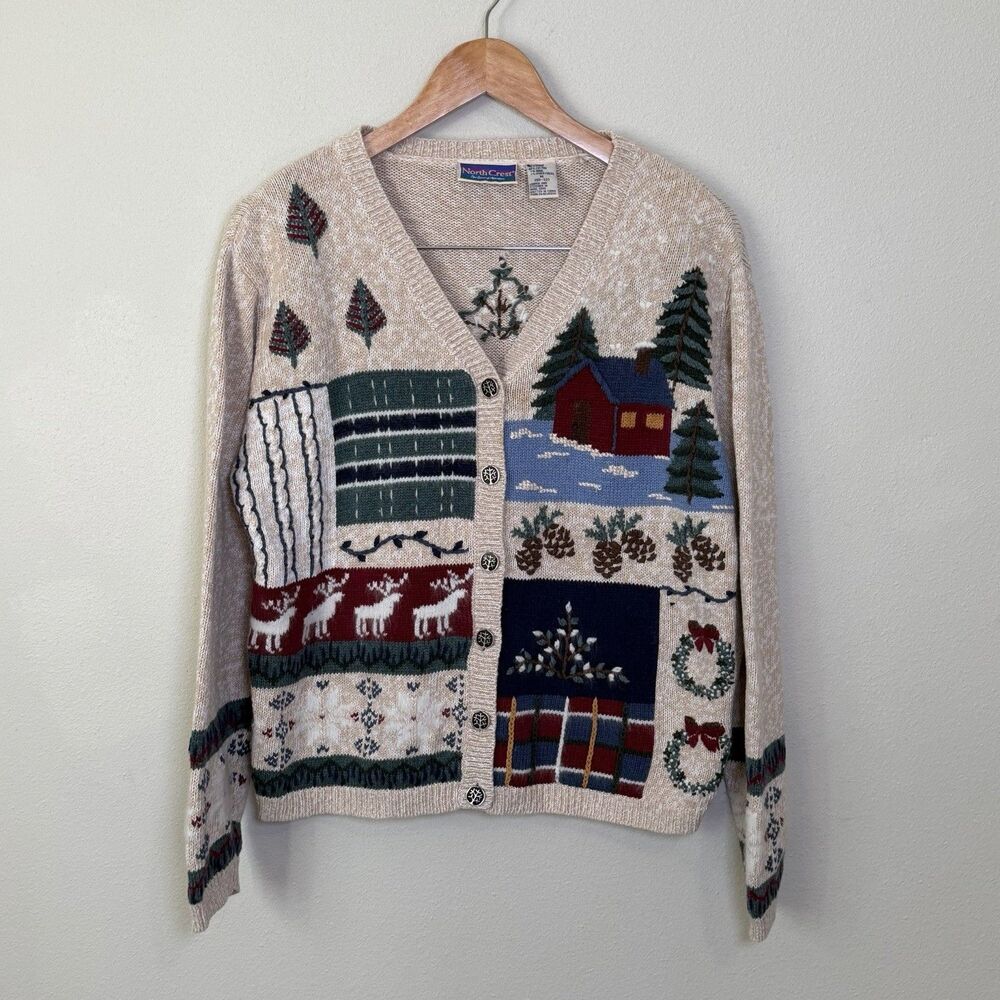 Vintage North Crest Christmas Cardigan Sweater Cabin Reindeer Pinecone Womens M